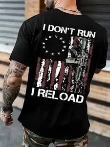 Men's Regular Fit American Flag & Gun Print Round Neck Tee, Casual Short Sleeve Crew Neck T-shirt for Daily Wear, Men's Top for All Seasons, Tropical, Casual Streetwear Tops