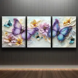 Print Painting, Luxurious Purple & Blue Butterfly Canvas Wall Art - 3pcs Set, Framed Perfect for Home, Office, and Coffee Shop Decor, Painting, Wall Hangings, Perfect for Room Decor