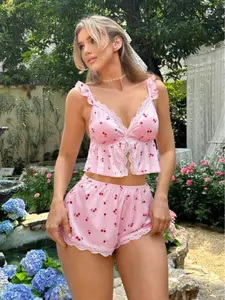 2pcs/Set Women's Pink Cherry Print Lace Patchwork Pajama Top And Pants Loungewear Set