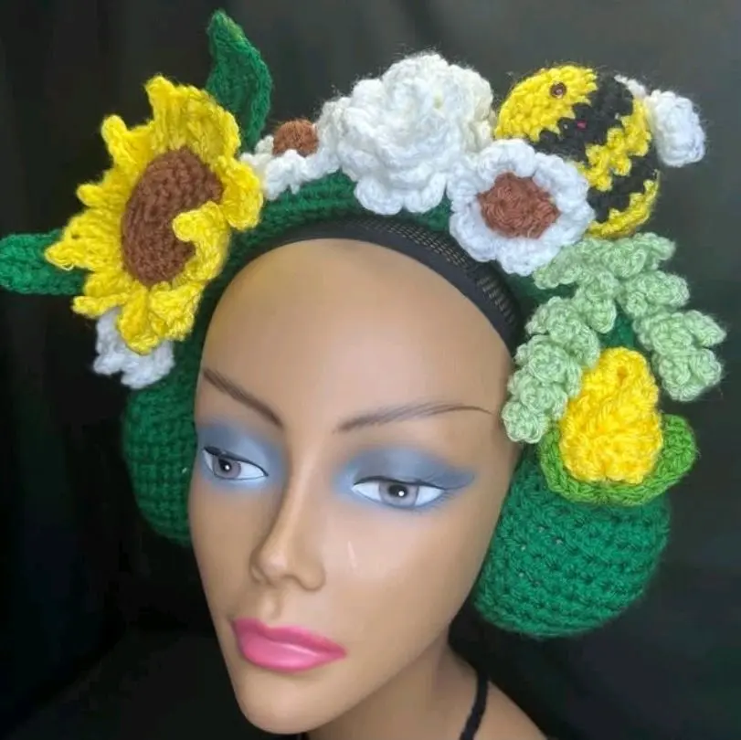Custom Crochet Headphone Covers with Sunflower and Floral Design Green Yellow White Accents