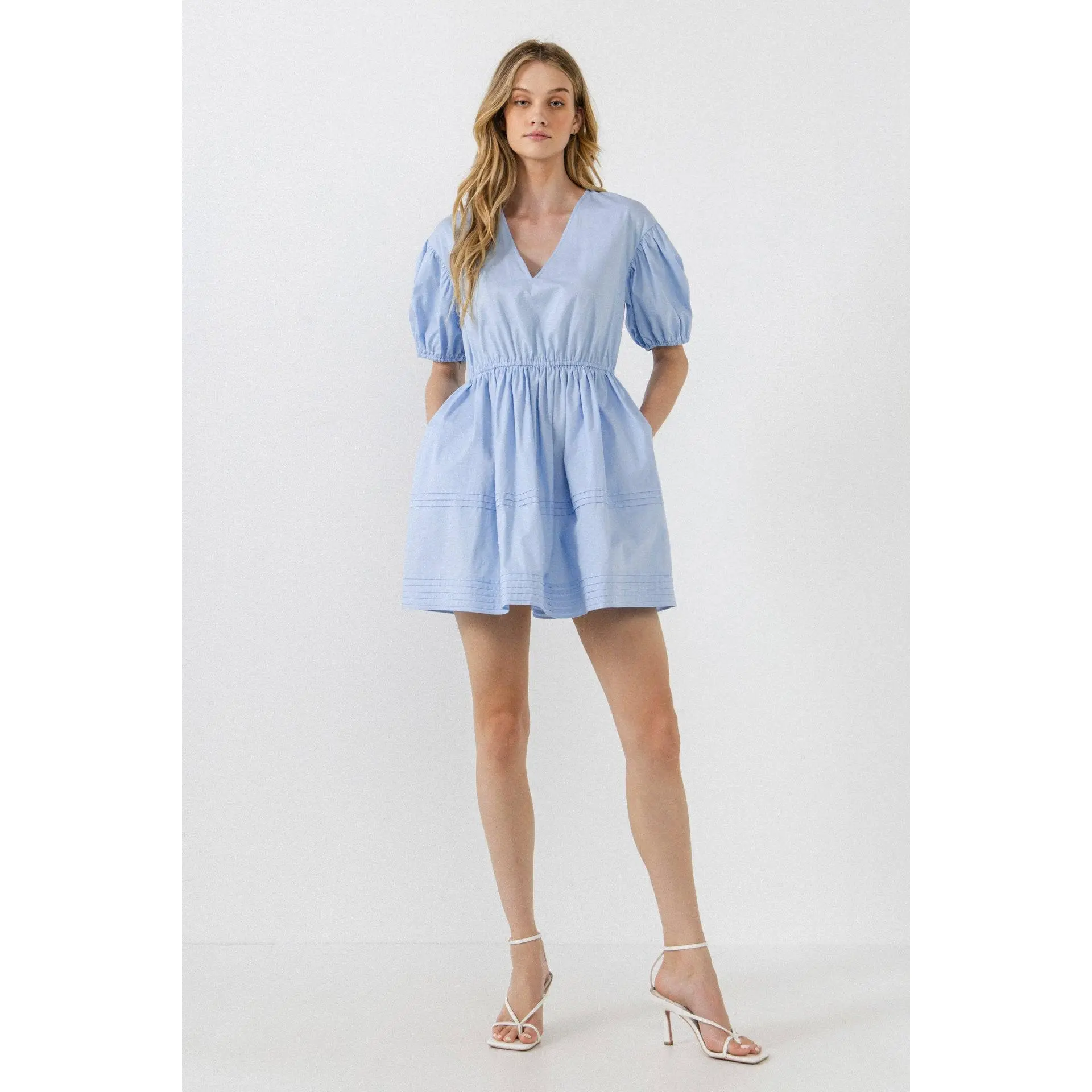 Blouson Pleated Puff Sleeve Dress
