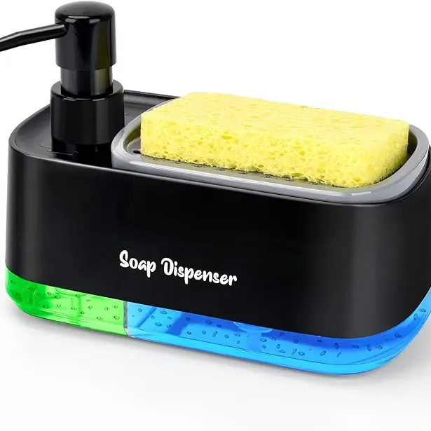 Black 3-in-1 Compact Dual-Pump BPA-Free ABS Plastic Soap Dispenser Set - Leak-Proof Countertop Liquid Dispenser, Sponge Holder, Ideal for Kitchens, Baths, and Sinks, Bathroom & Home Supplies