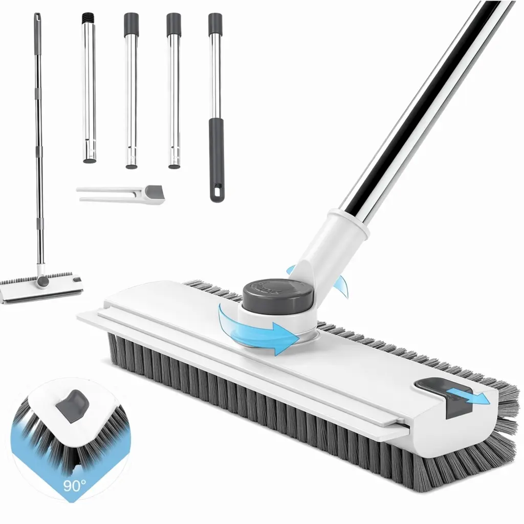 Adjustable Telescopic Stainless Steel Long Handle Floor Scrubber - 3-in-1 Rotating Head with 360° Flexible Bristles, Sturdy Cleaning Gear for Bathrooms, Tile Surfaces