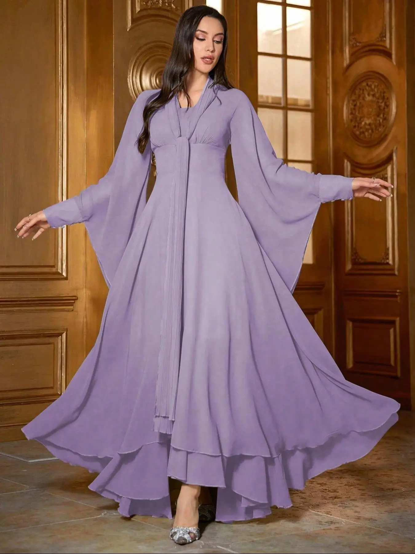 Women's Plain Flare Leg Dress, Modest Elegant Long Sleeve Arabic Dress for Party Wedding Guest, Modest Clothes, Ladies Spring & Fall Gown Clothes