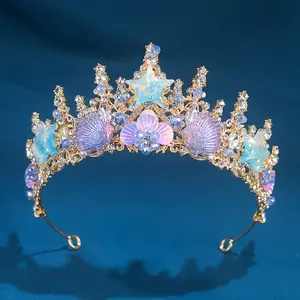 Ring  necklace  watch  scarf Glittering Mermaid Starfish Hair Accessory - Women'S Jewel-Encrusted Princess Tiara, Vibrant Shell And Butterfly Motif, Ideal for Celebrations And Unique Events, Hair Ornament | Trendy Avant Garde Hairpiece | En