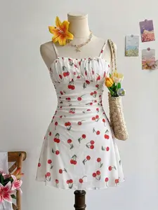 Women's Cherry Print Pleated Spaghetti Strap Mini Dress, Summer Vacation, Casual Wear, Back-To-School Clothing, Floral & Butterfly Prints, Party Dress, Fall Dress, Womenswear