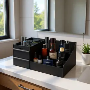 Men's High-End Perfume Storage Box Black with 7 Compartments & 2 Extra-Deep Drawers for Skincare & Grooming Essentials Ideal for Bedrooms Bathrooms & Offices Perfect Gift