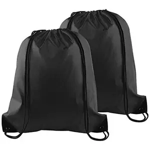 2 Pcs Drawstring Backpack Bags, Sports Cinch Sack Gym Backpack, Lightweight String Bag for School Travel Hiking Camping Beach, Black Polyester Drawstring Bag for Men Women Adults Kids