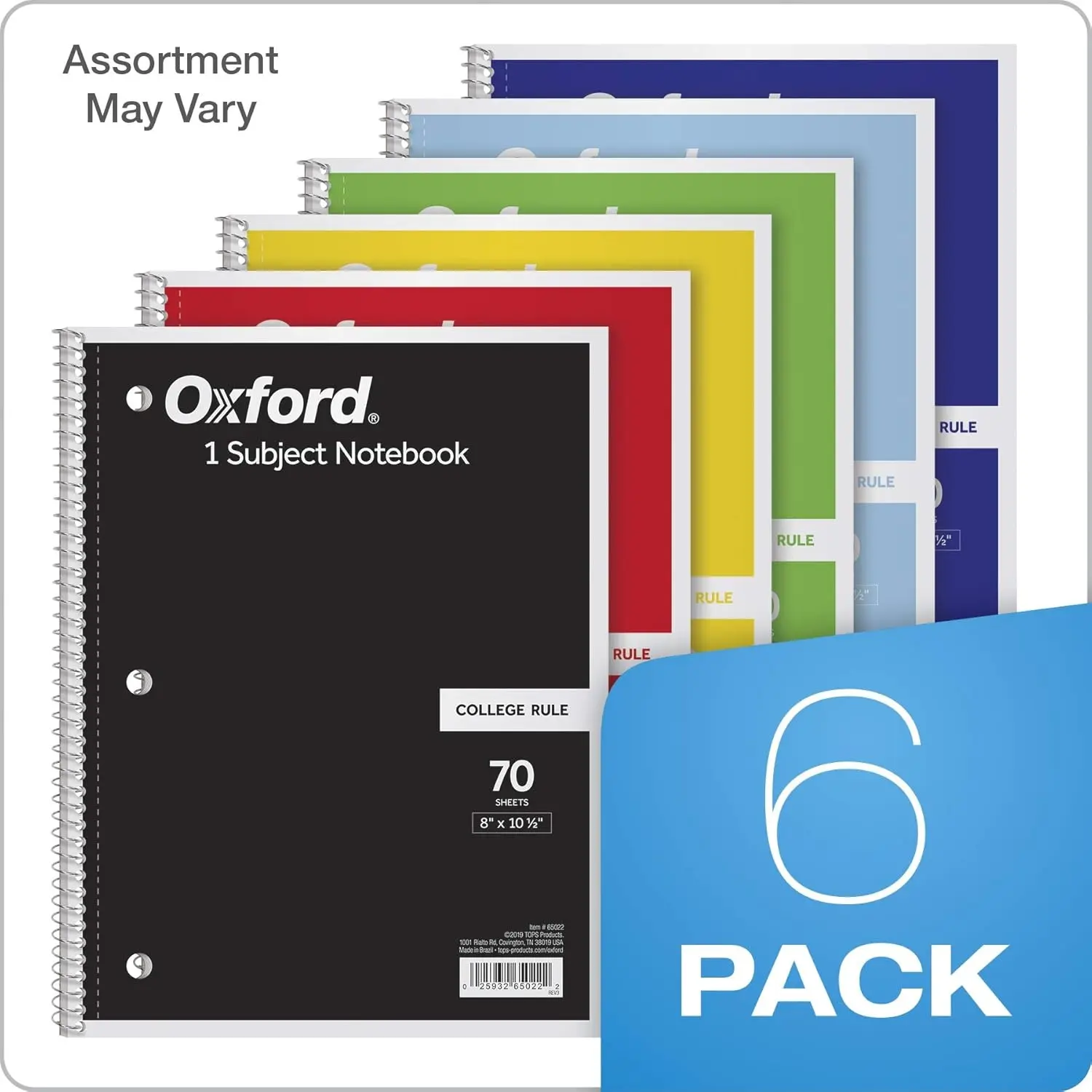 6-Pack Single Subject Spiral Notebooks, College Ruled Paper 8 x 10.5 Inch, Assorted Color Covers, Bulk School & Office Supplies