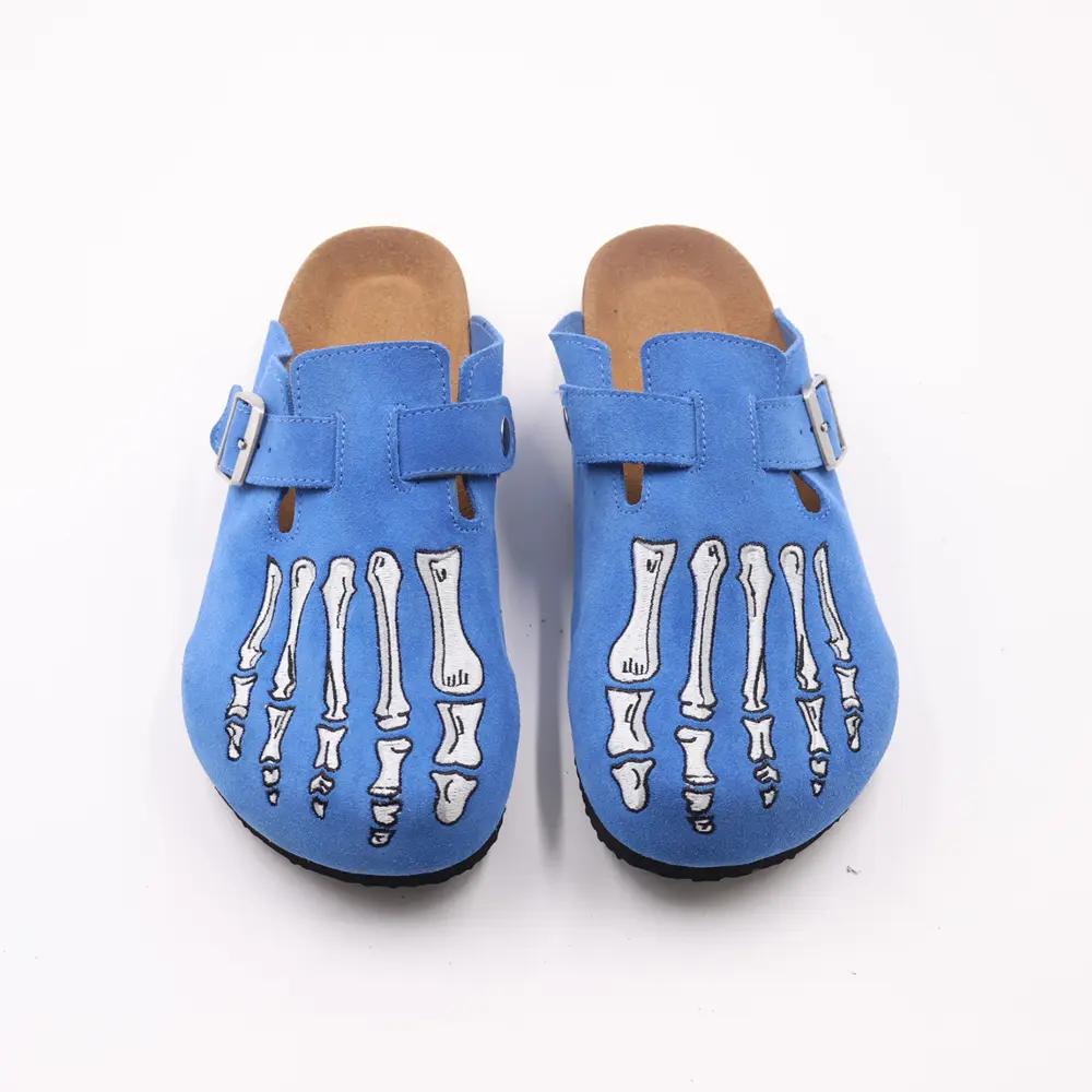 Blue Casual Clogs, Men's Comfort Cork Slides, Gothic Skeleton Embroidery Mules Shoes, Daily Wear & Outdoor Footwear
