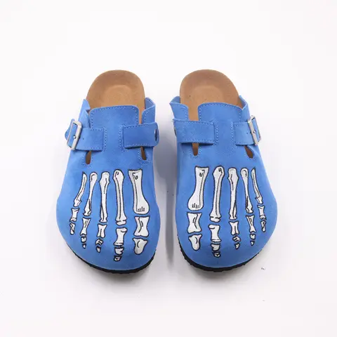 Blue Casual Clogs, Men's Comfort Cork Slides, Gothic Skeleton Embroidery Mules Shoes, Daily Wear & Outdoor Footwear