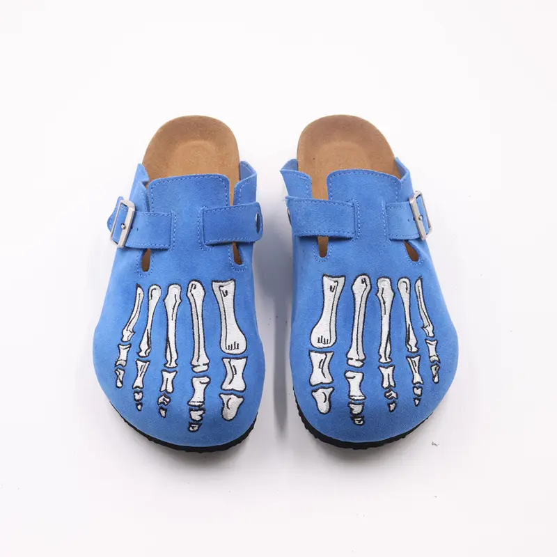 Blue Casual Clogs, Men's Comfort Cork Slides, Gothic Skeleton Embroidery Mules Shoes, Daily Wear & Outdoor Footwear