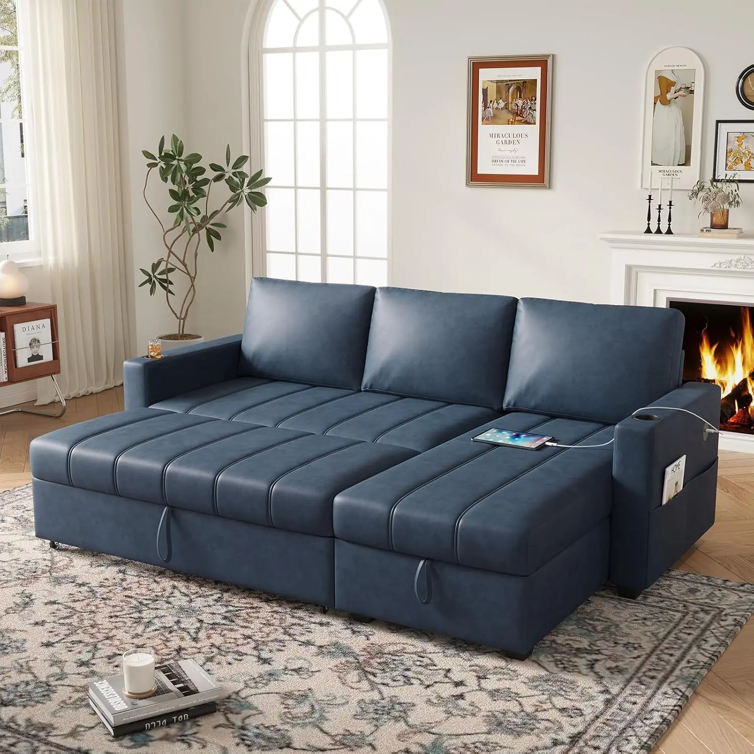 COPIAE 89 inch L-Shaped Sectional Sofa Sleeper with Storage Space & Side Pocket, Anti-Scratch Faux Leather Couch Bed with USB Port & Cup Holder, Modern Piano Design Pull Out Bed for Living Room