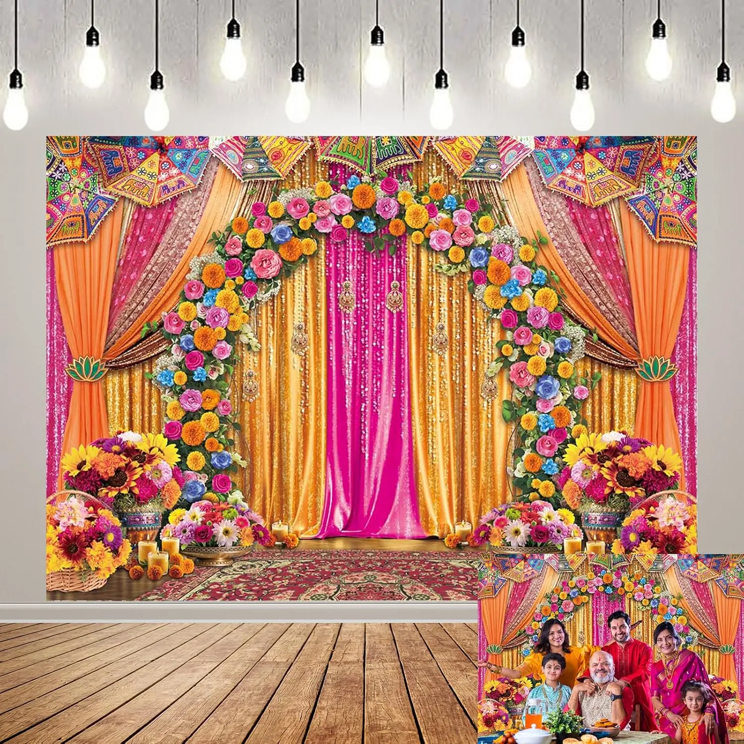 Indian Marigold Floral Flower Wall Backdrop - Reusable Polyester Print, Lightweight Home Decor Tapestry for Traditional Festival, Bridal Shower Party Banner Supplies (Photo-Ready), Reusable Polyester Backdrop