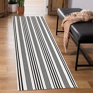 Black and White Striped Hand-Woven Cotton Runner Rug 2x6ft Machine Washable Indoor Doormat for Front Porch Entryway Rug