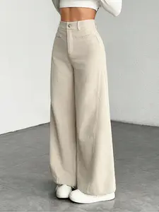 Women's High Waist Wide Leg Corduroy Pants, Casual Straight Fit Long Trousers, Comfortable All-season Solid Color Design, Womenswear