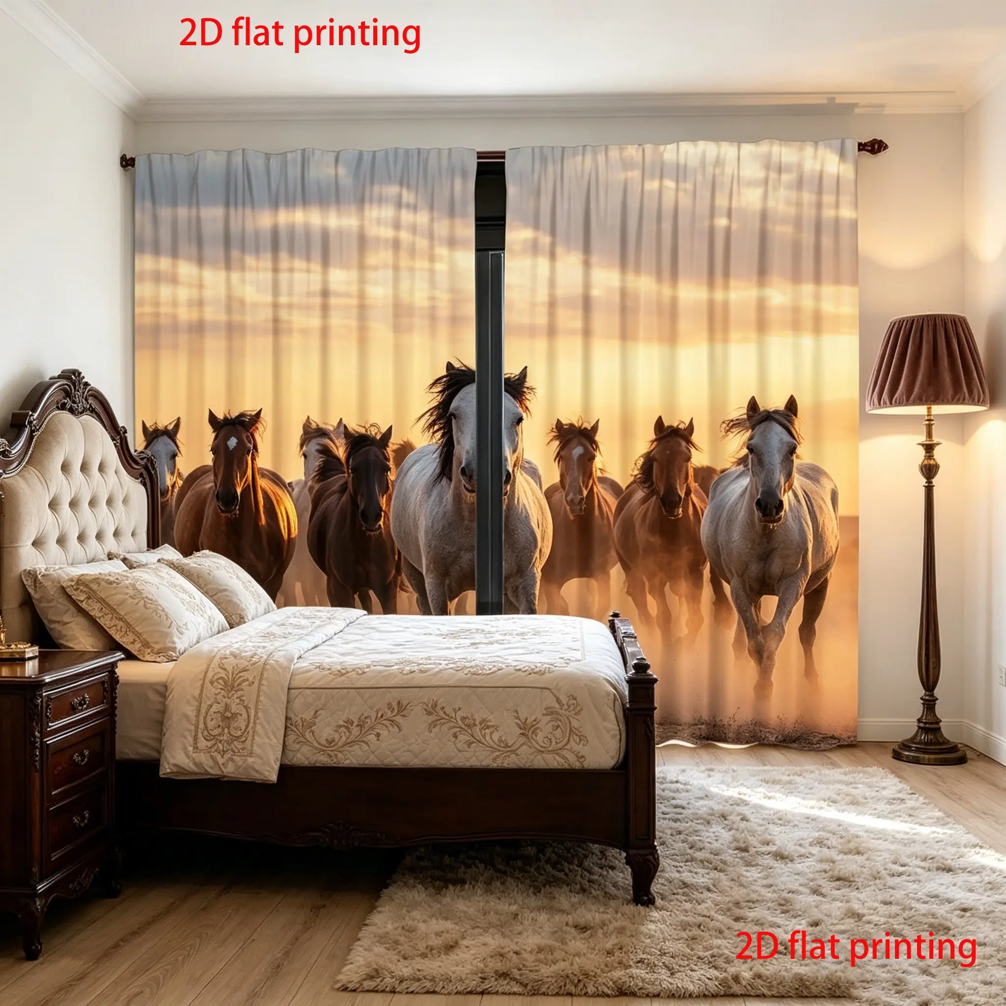 2 Piece Running Horse Digital Print Curtains, Home Decoration Curtain, Semi-Transparent Polyester Material, Rod Pocket for Kitchen Dining Cafe Bedroom Living Room Window Decor