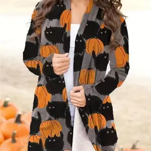 Halloween Pumpkin Pattern Cardigan, Casual Open Front Long Sleeve Cardigan, Spring and Autumn Stretch Knit Women's Clothing