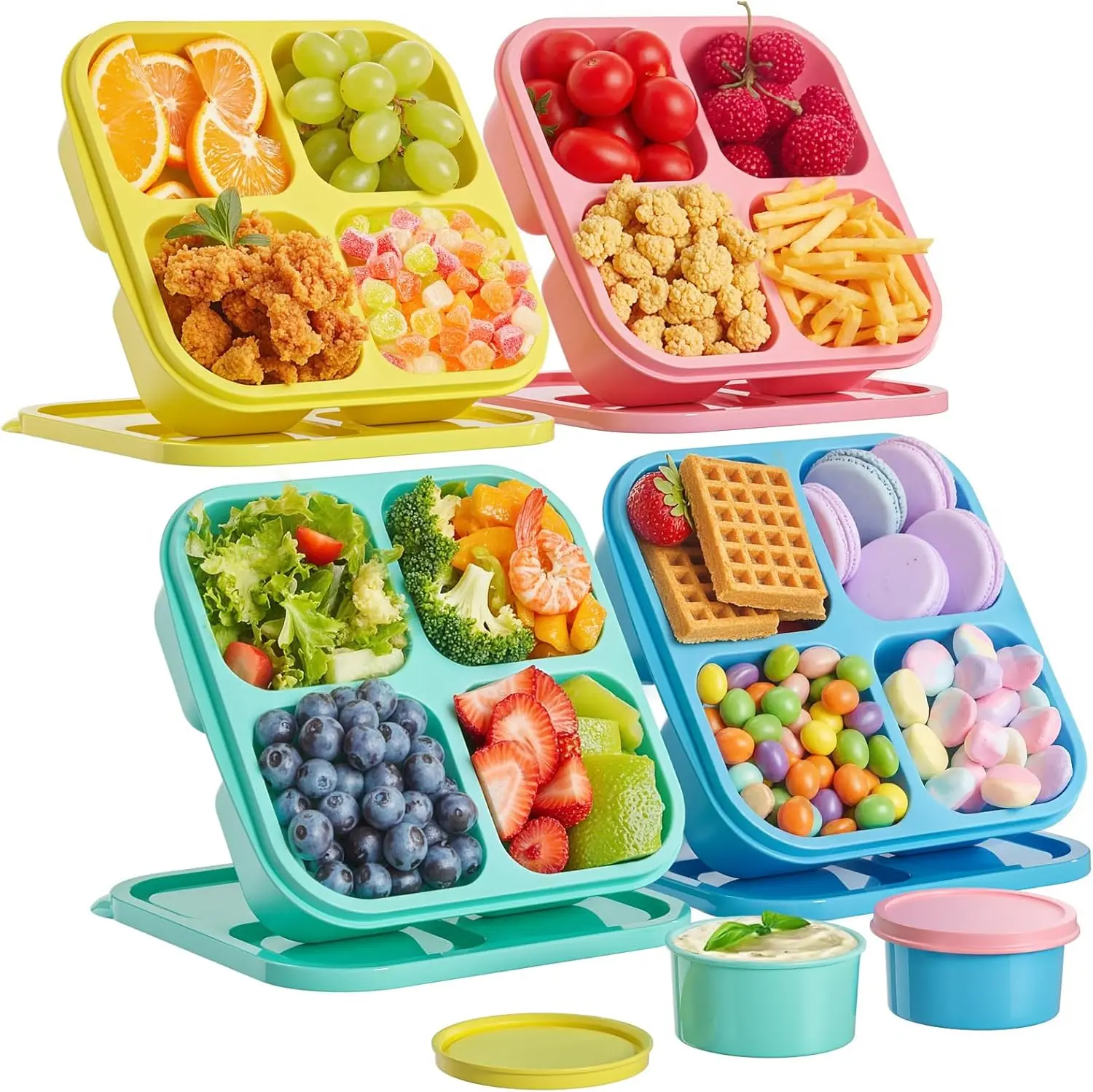 Kids Plastic Bento Lunch Box Set - 4-Compartment Leakproof Meal Prep Container with Cover, 2 Sauce Containers, Stackable Portable BPA-Free Microwave-Safe for School