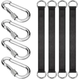 4 PCS Black Tree Swing Straps Hanging Kit with 4 Carabiners, 24cm/9.4inches Length Holds 220 lbs Perfect for Tree Swing Hammocks
