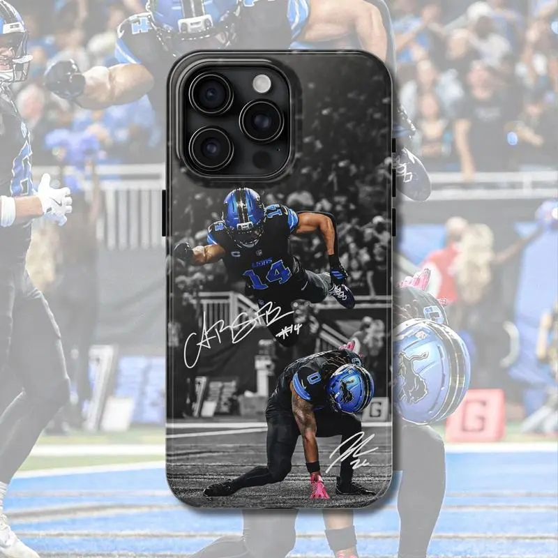 Jahmyr & Amon Touchdown Signature Shiny Smartphone Case, Detroit Football Fan Protector Cover, Tough Shockproof Mobile Accessory, Compatible with iPhone 11-17 Pro Max/Plus & Samsung Galaxy S23-25 Devices