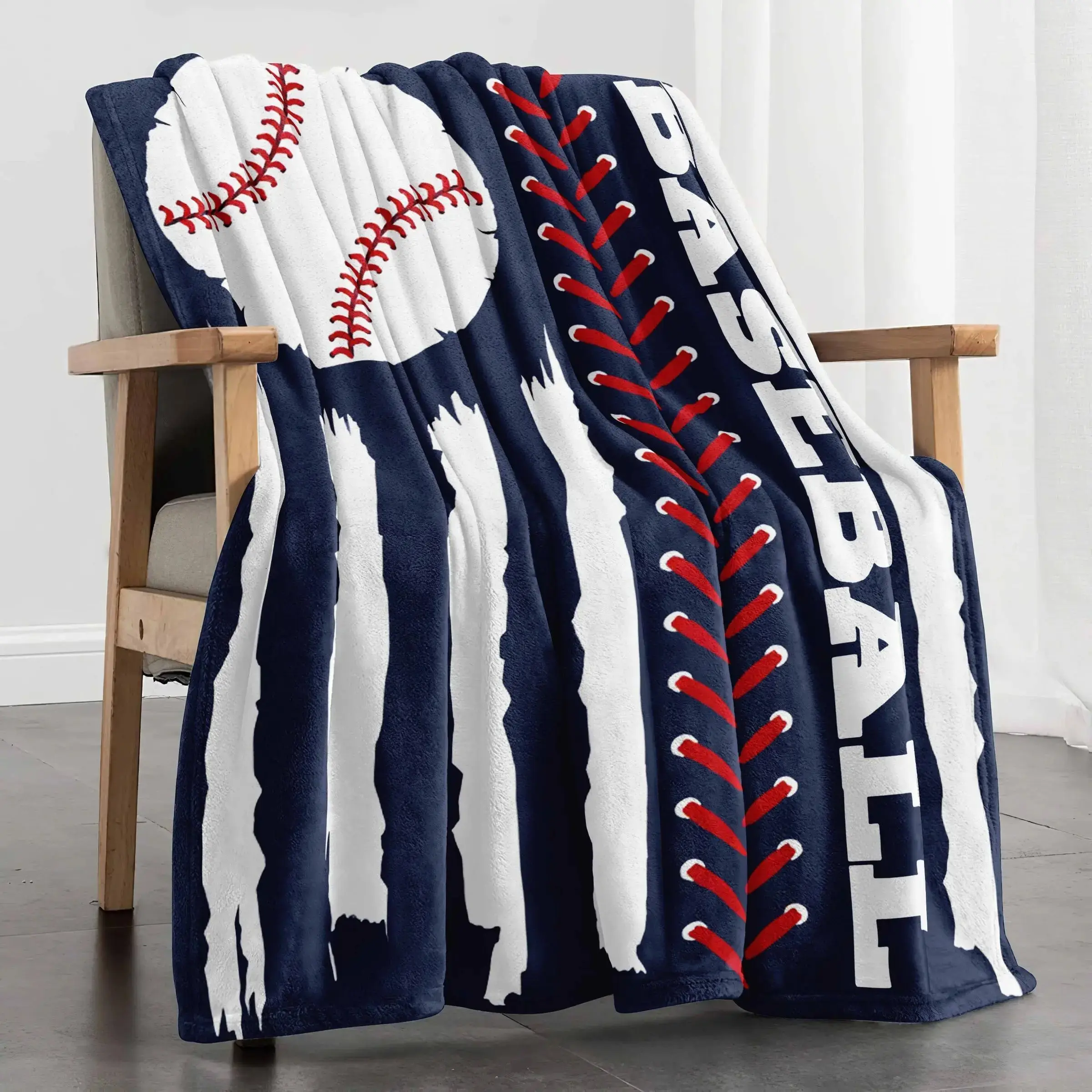 Sports Theme Baseball Print Classic Flannel Throw Blanket - Soft Touch, Warm, Machine Washable, Easy to Carry, All Seasons Bedding for Home Nap, Camping, Travel Use