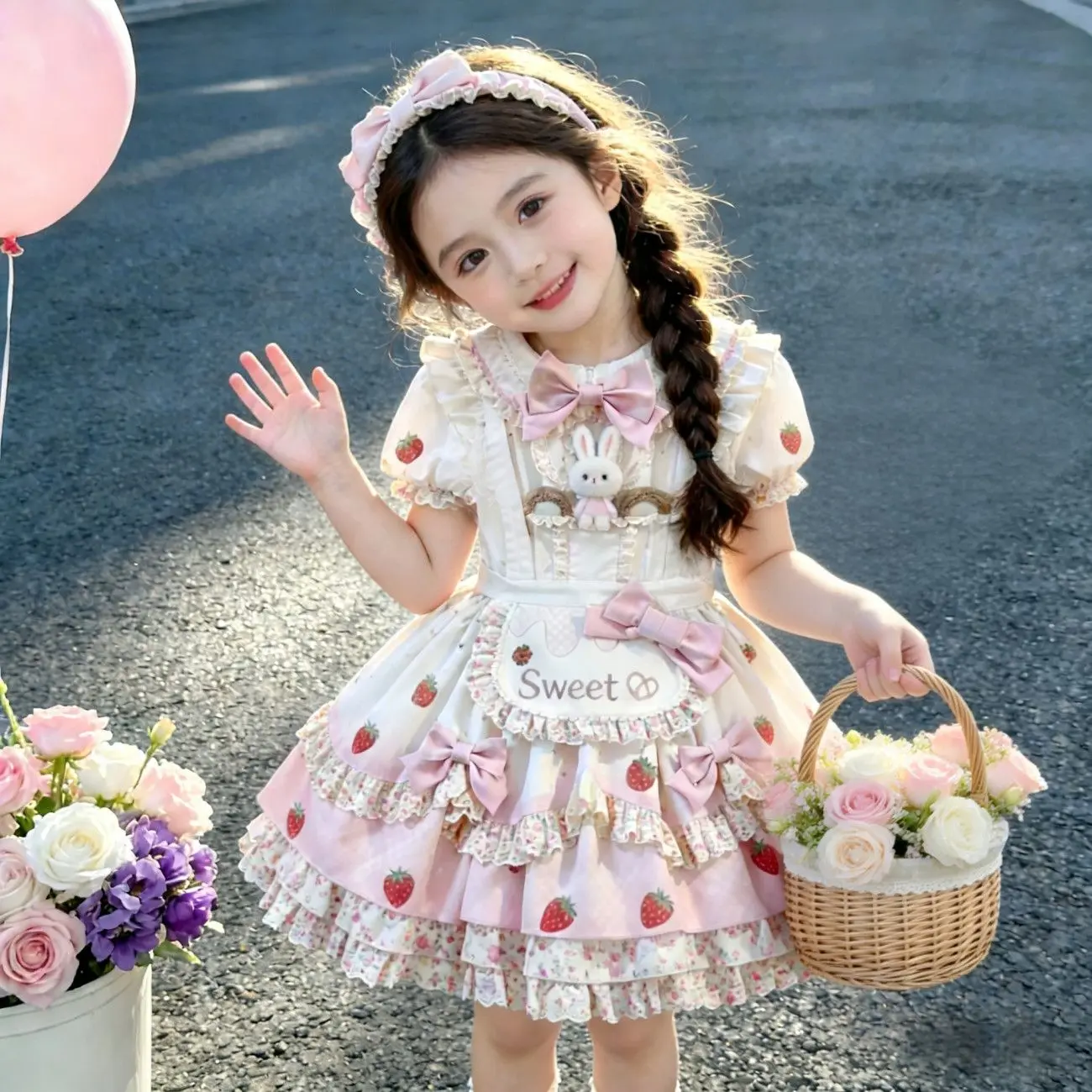 Girls' Off-White Strawberry Print Lolita Princess Dress, 2026 Summer Puff Sleeve Lace Tiered Skirt with Multi-Layer Bows, Kids Birthday Party Formal Outfit, Breathable Cotton, Perfect for Photoshoots, Special Occasions & Toddler OOTD, 1-6Y