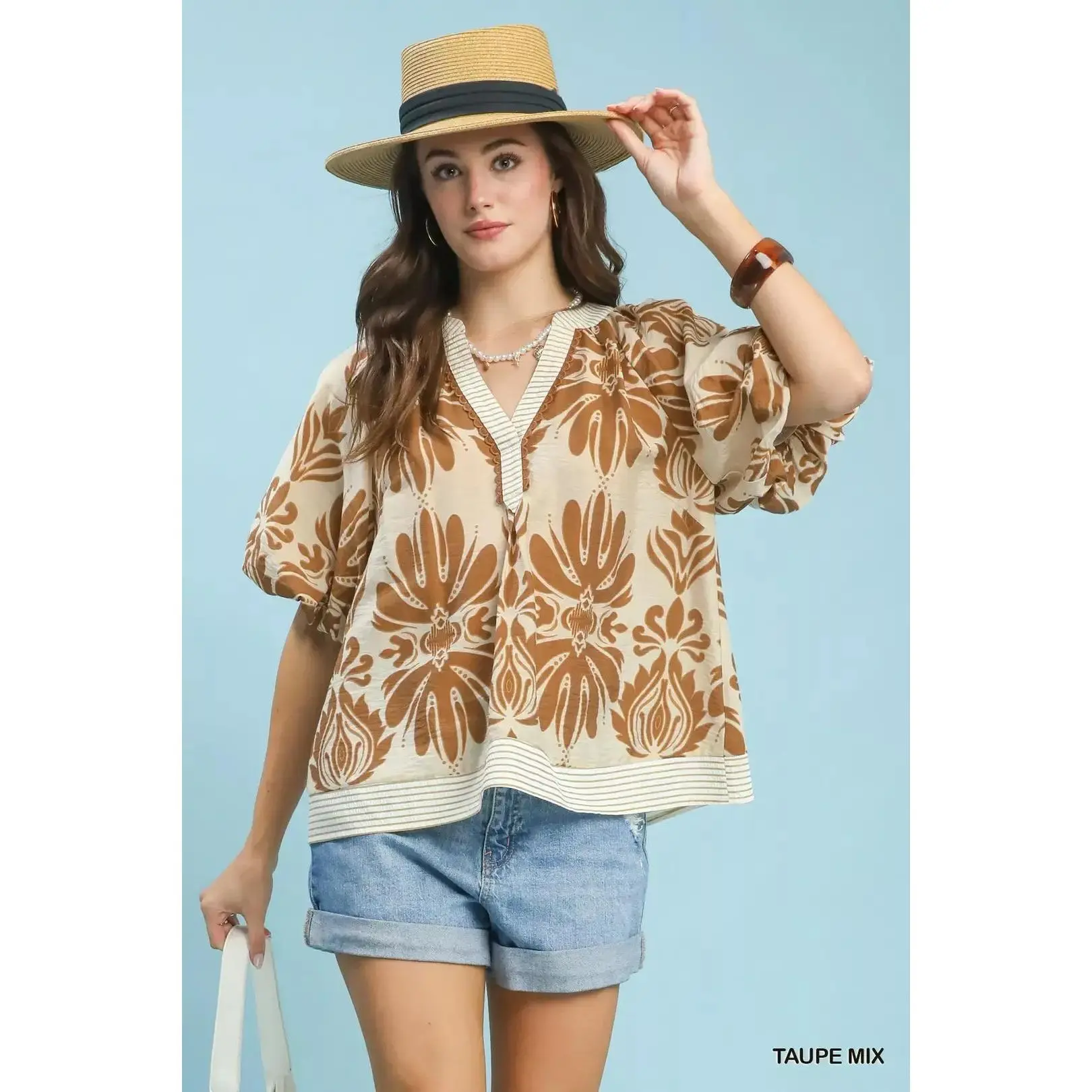 Umgee Mix Printed Puff Sleeve Top with Contrast Trim