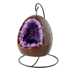 Natural Crystal Dinosaur Egg Night Light |   Amethyst Geode Wealth Bowl with LED Light, Halloween Christmas Home Decor Lamp