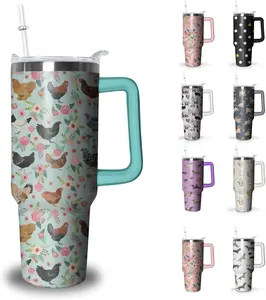 Chicken Tumbler with Handle and Straw, 40 oz Stainless Steel Pink Insulated Cup with Lid and Straw,Travel Coffee Mug Water Bottle, Birthday Christmas Mothers Day Gifts for Animal Lovers Women