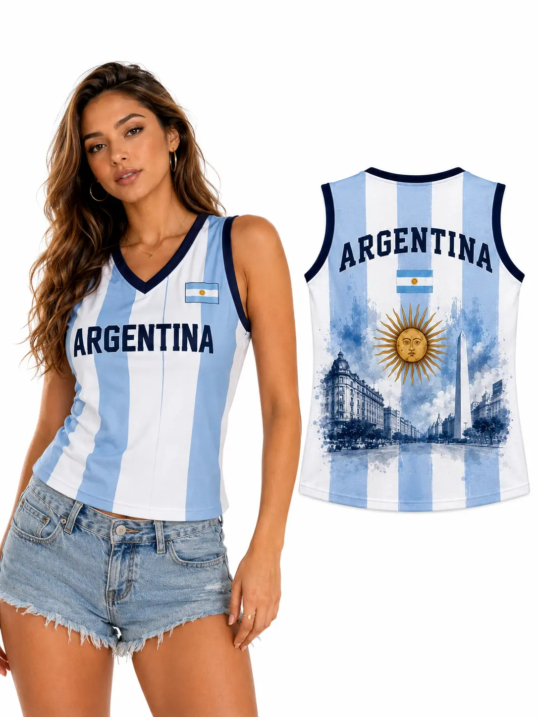 Lady Y2K Argentina V Style Sleeveless Top, Made of Lightweight and Breathable Fabric, Suitable for Football Event Watching, Fan Gatherings and Cool Summer Casual Wear.