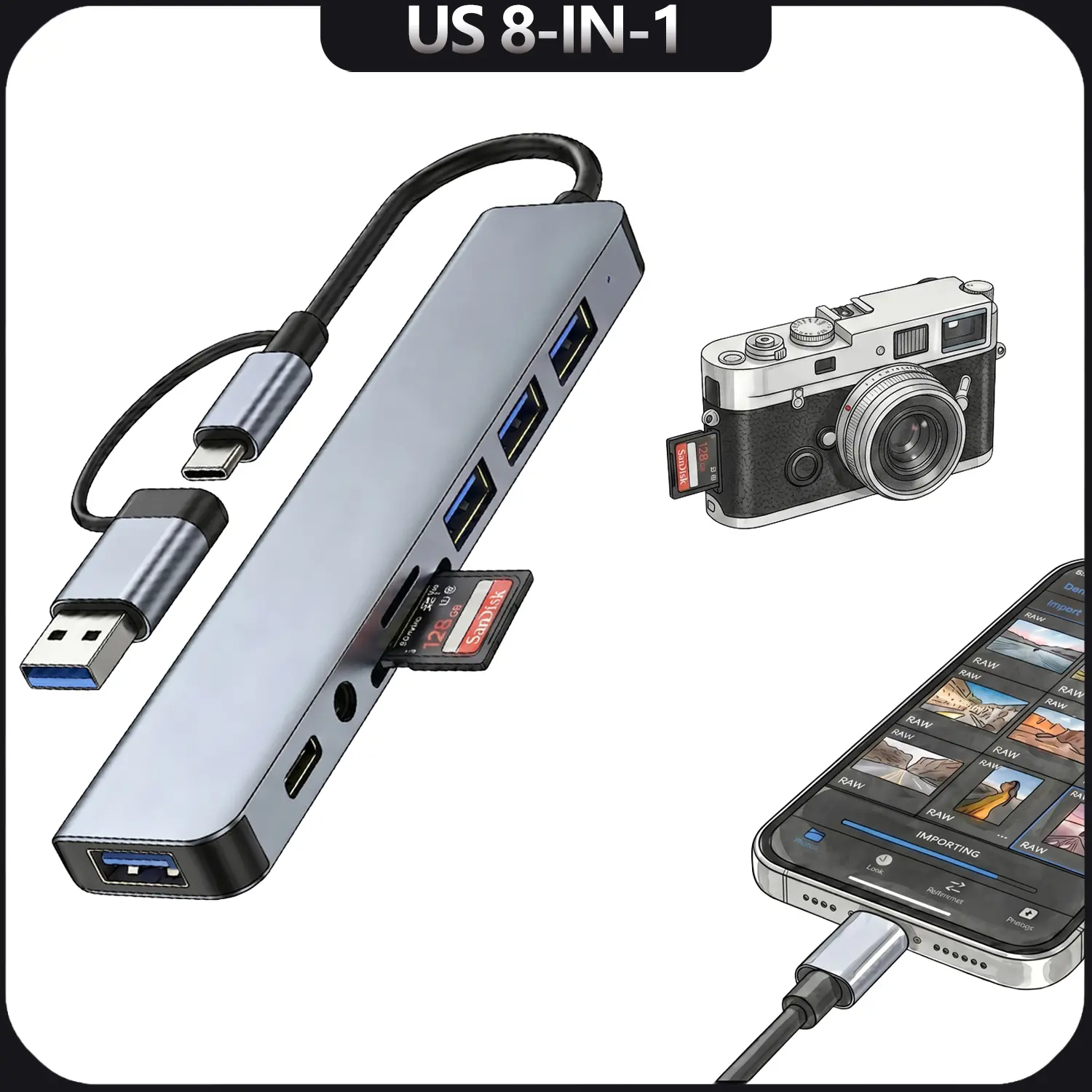 【8-in-1 Hub 】Multi-Port Splitter Converter - 4x 5Gbps USB-A 3.0 Adapters, 1 USB-C Port, SD Card Reader, TF/SD Access, MicroSD Card Support, 3.5mm Audio Jack for MacBook, iPhone 17/16/15 Pro
