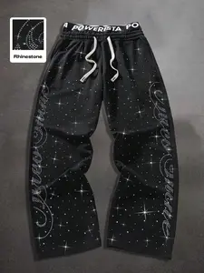 Men's Y2K rhinestone star printed wide leg sports pants, full gloss silk screen printed clothing, loose streetwear, with elastic drawstring waist, ideal choice for parties, street styles and daily wear, shining fashion enthusiasts