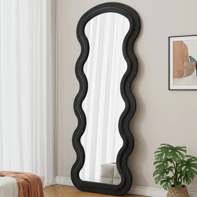 Flannel Full Length Wave Floor Mirror with Stand for Bedroom Living Room Hanging or Against The Wall Black Decor Gift