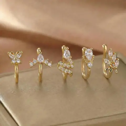 5 Piece Vintage Body Jewelry Synthetic Zircon Nose Rings Set, Butterfly Snake Arrow Geometric Design, No Piercing Needed, Perfect for Daily Wear, Sparkling Zircon Inlay, Body Jewellery