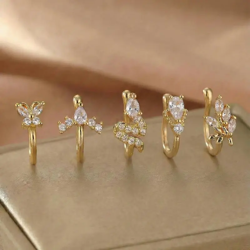 5 Piece Vintage Body Jewelry Synthetic Zircon Nose Rings Set, Butterfly Snake Arrow Geometric Design, No Piercing Needed, Perfect for Daily Wear, Sparkling Zircon Inlay, Body Jewellery