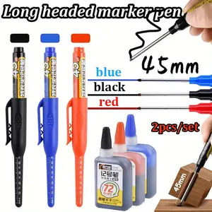 2pcs/set brand new high-quality 45mm black, blue, and red deep hole long head marking pen, woodworking drilling ceramic tile marking pen can be added to filling quick drying waterproof and non fading consumables
