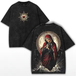 Sacred Heart Virgin Mary Oversized Tee – Washed Black Gothic Faithcore Shirt with Red Cloak Holy Back Art & Vintage Halo Cotton Menswear