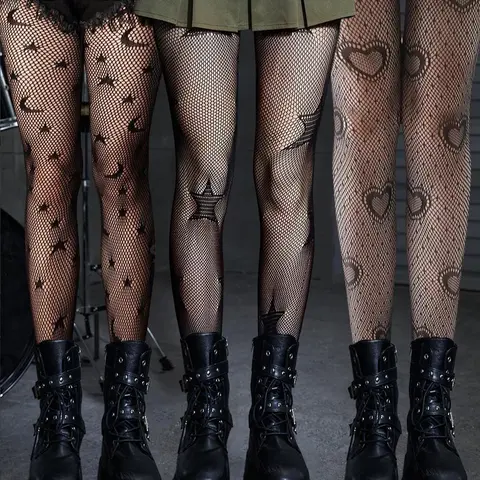 Women's Patterned Fishnet Tights, Moon Heart Star Mesh Pantyhose, Stretchy Breathable Tights for Daily Wear