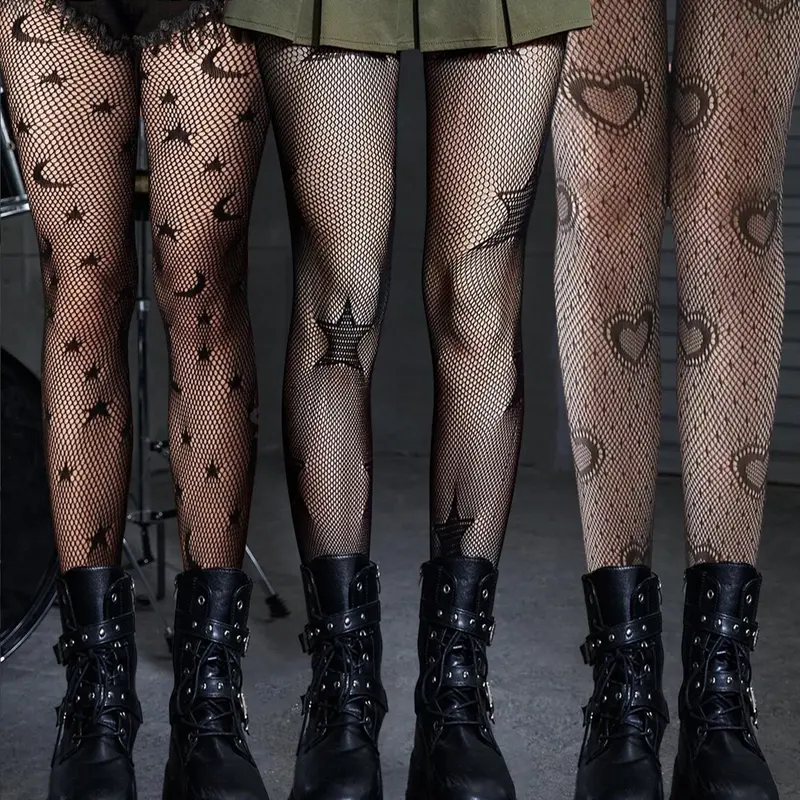 Women's Patterned Fishnet Tights, Moon Heart Star Mesh Pantyhose, Stretchy Breathable Tights for Daily Wear