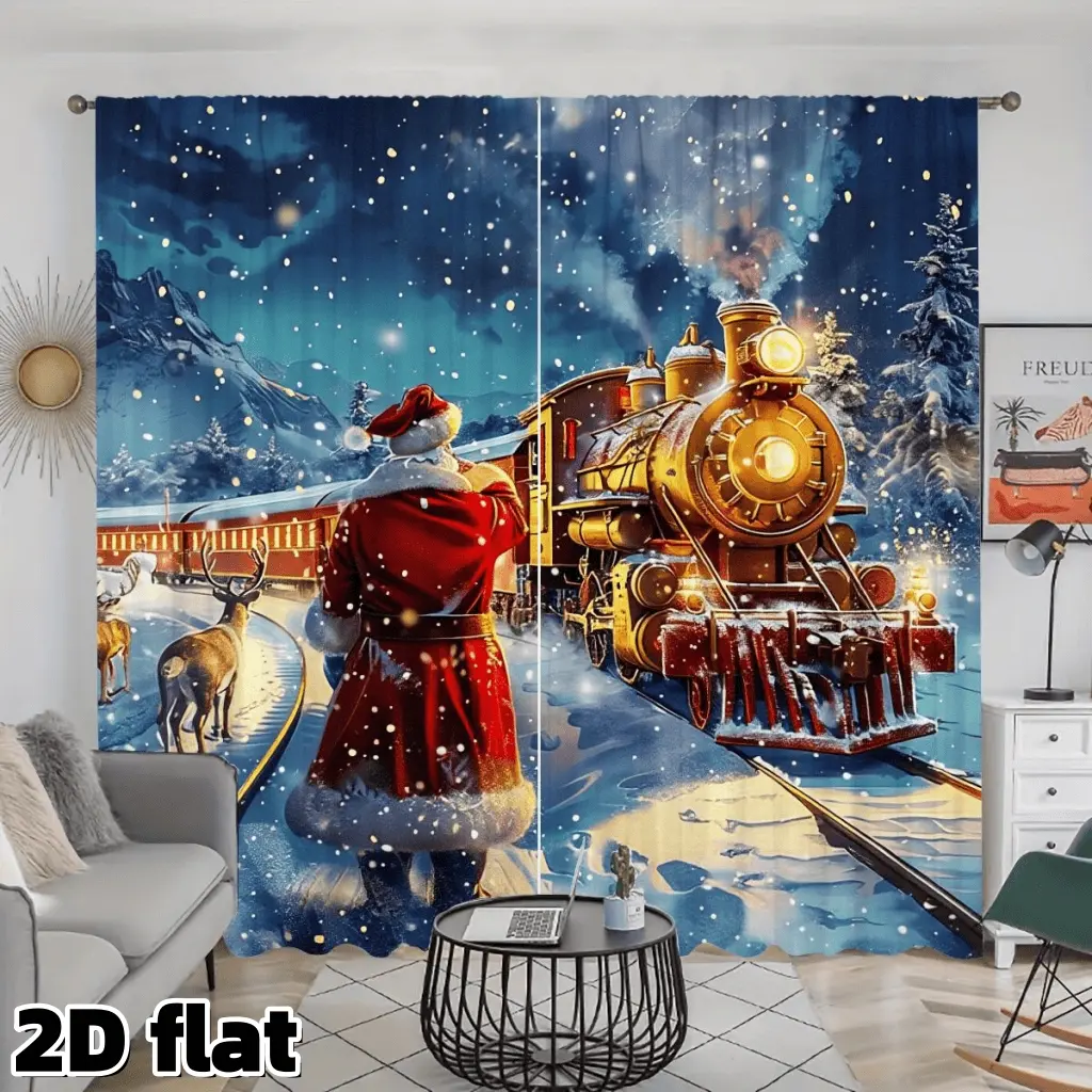 2D Flat 2Pcs Christmas Train Santa Theme Curtains Rod Pocket Design Decorative Starry Night Snow Scene Printed Window Treatment Semi Sheer Polyester Panels for Living Room Bedroom Kitchen Holiday Decor Covering Anti Privacy, Home Decoration Curtain