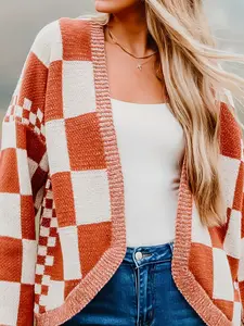 Women's Vintage Plaid Knit Cardigan, Loose Fit V-Neck Sweater Jacket, Casual Style Outerwear for Women