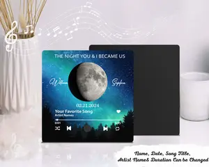 Our Moon Couple Gift Moon Phase Art, Custom Couple Photo And Spotify Song, Personalized Music Fridge Magnet That Can Play Songs, Gift For Husband Wife