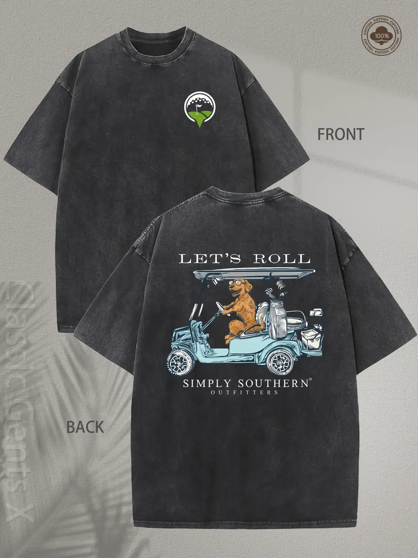 Men's & 's Heavyweight 230gsm Vintage Washed Cotton T-Shirt - Southern Golf Cart & Golden Retriever Print with "Let's Roll" & "Simply Southern" Slogan, Casual Short Sleeve Round Neck Tee for Retro Y2K Style, Golf Outings & Gifts vintage t-shirt casual men