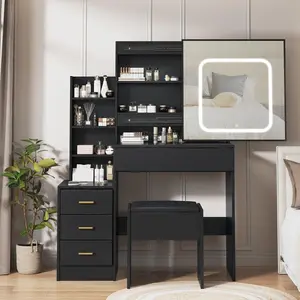 Vanity Desk with Mirror, Makeup Vanity Desk with Sliding Mirror, , Dressing Table with 4 Drawers, Storage Shelves & Stool for Bedroom
