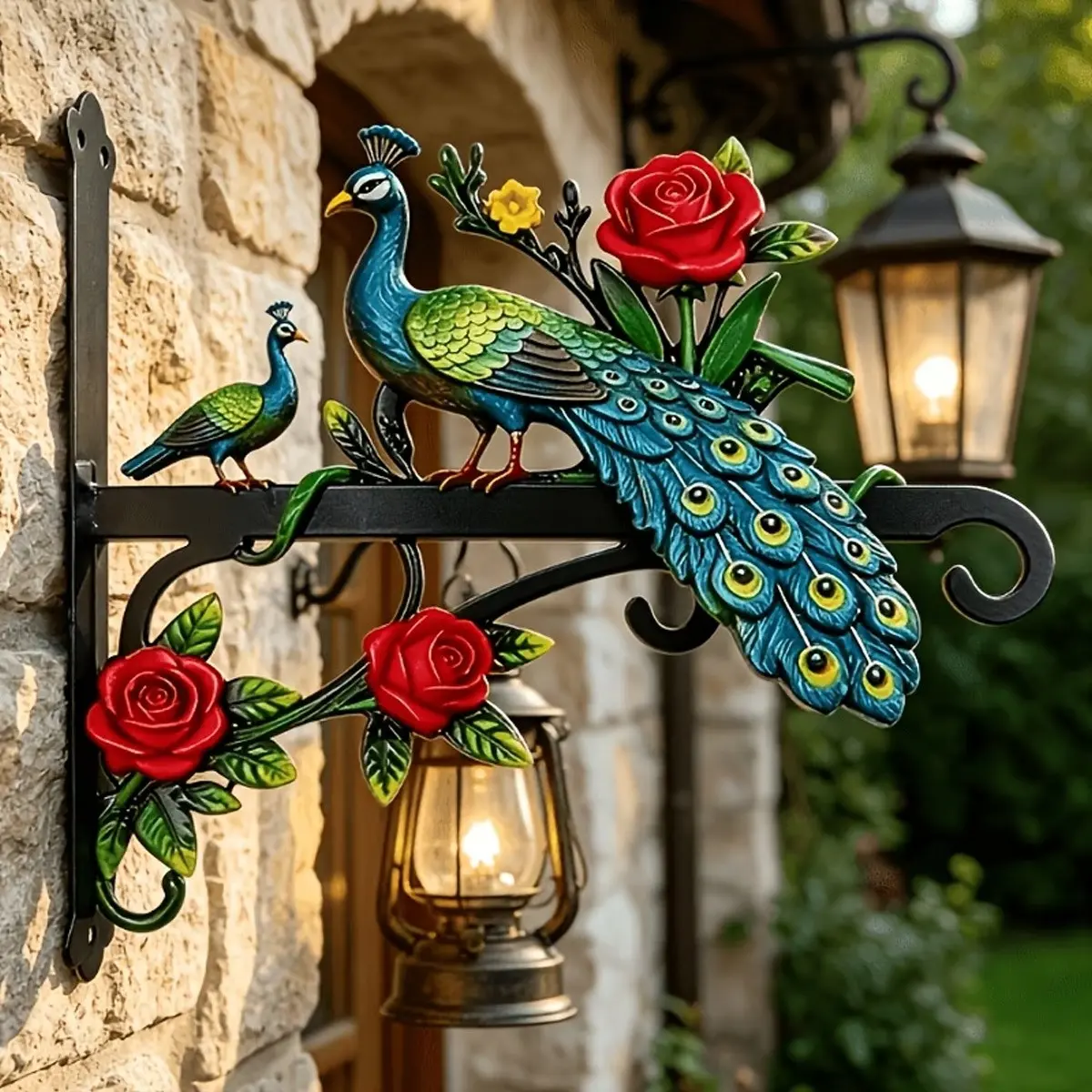 Peacock & Rose Painted Iron Hanging Bracket, Heavy-Duty Versatile Flowerpot Hanger, Elegant Unique Outdoor Decor Garden Accessories for Courtyards, Balconies, Porches, Garden Gift