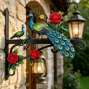 Peacock & Rose Painted Iron Hanging Bracket, Heavy-Duty Flowerpot Hanger, Outdoor Decor for Courtyards, Balconies, Porches, Garden Gift