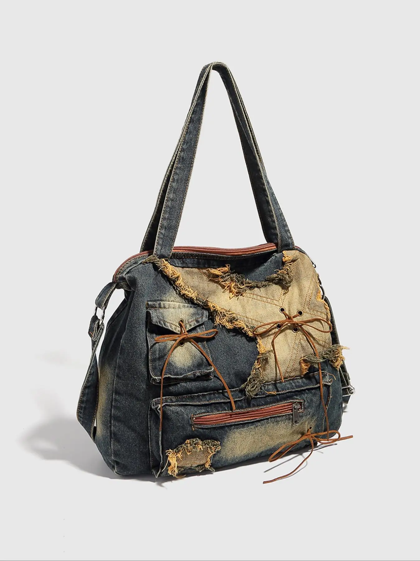 Women's Street Style Distressed Bowknot Design Tote Bag, Vintage Trendy Large Capacity Shoulder College Bag, Chic All-match Y2k Crossbody Bag for Wom