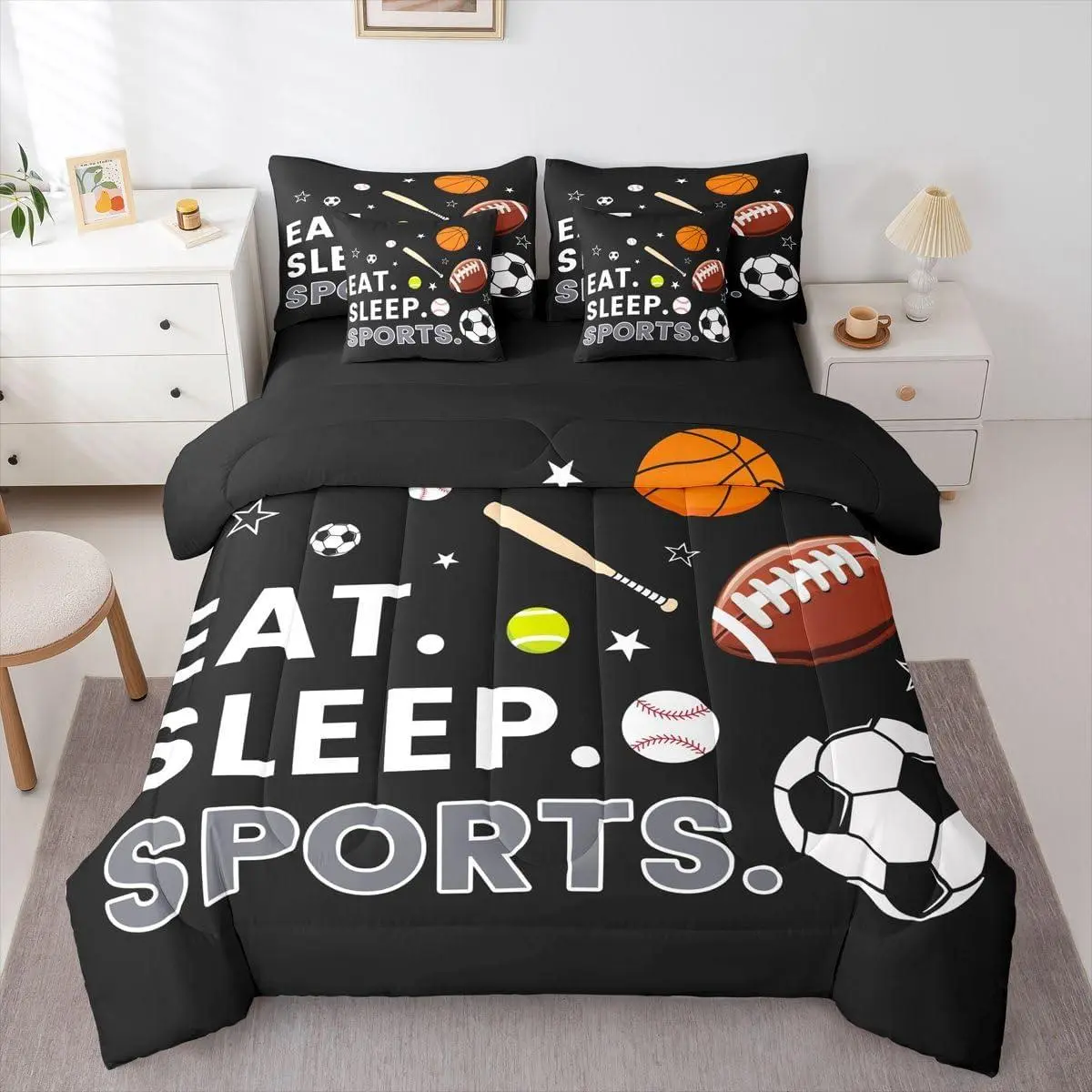 Feelyou 7-Piece Durable High-Tenacity Sports Football Bedding Set - Black Soft Breathable Comforter with Unique Ball Prints, Boys' Sheets, Room Decor for Kids’ Rooms (King & Multi-Size Options, Cover Included), Seven Pieces
