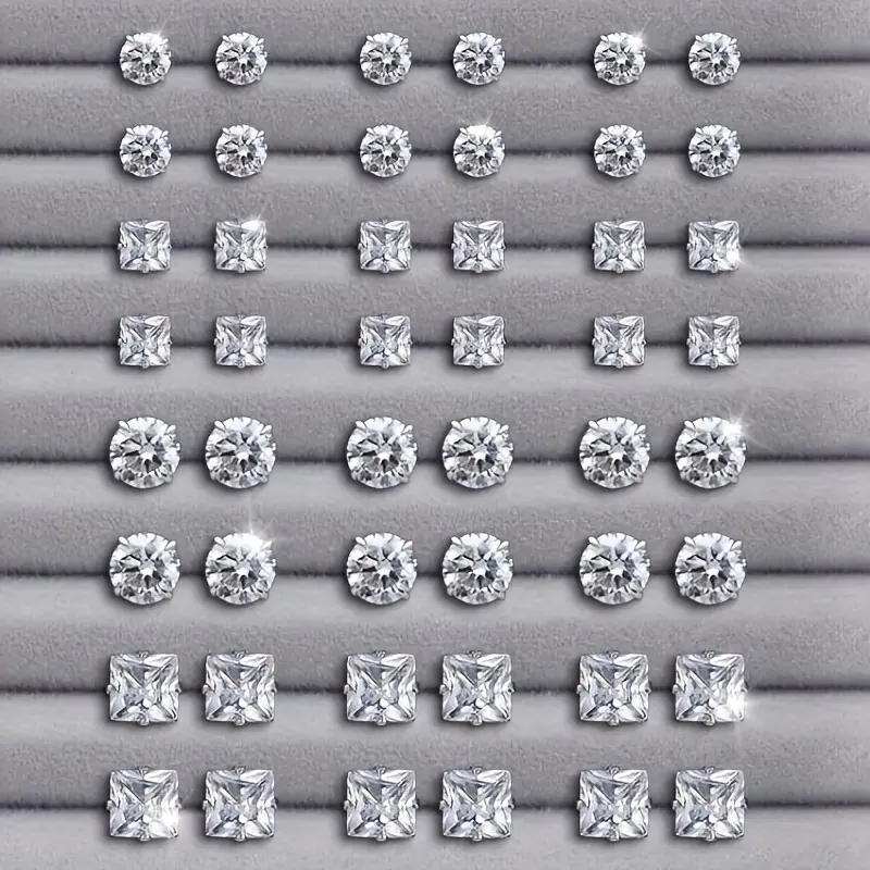[24 Pairs Elegant Earrings Set] 24 Pairs Elegant Stainless Steel Earrings Set | Round & Square with Sparkling Cubic Zirconia Inlay | Casual Style Fashion Gift